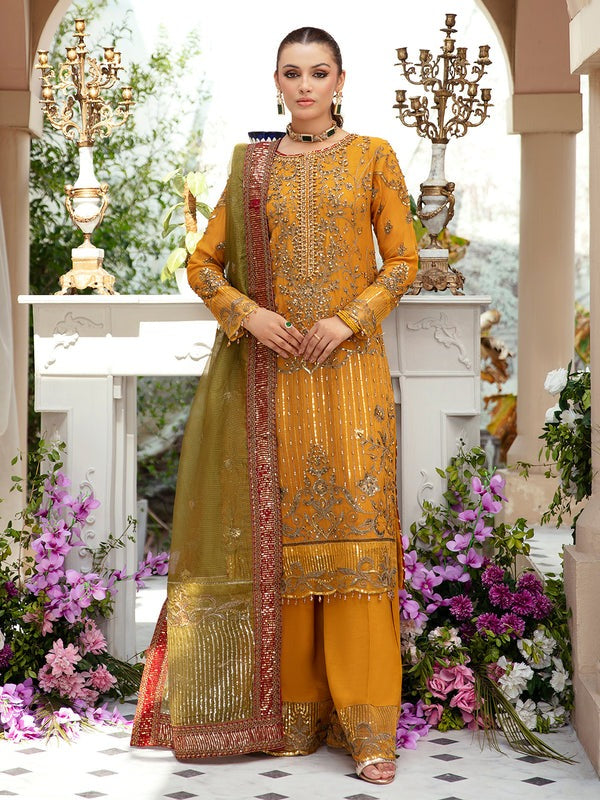 Mustard Embroidered Chiffon Suit