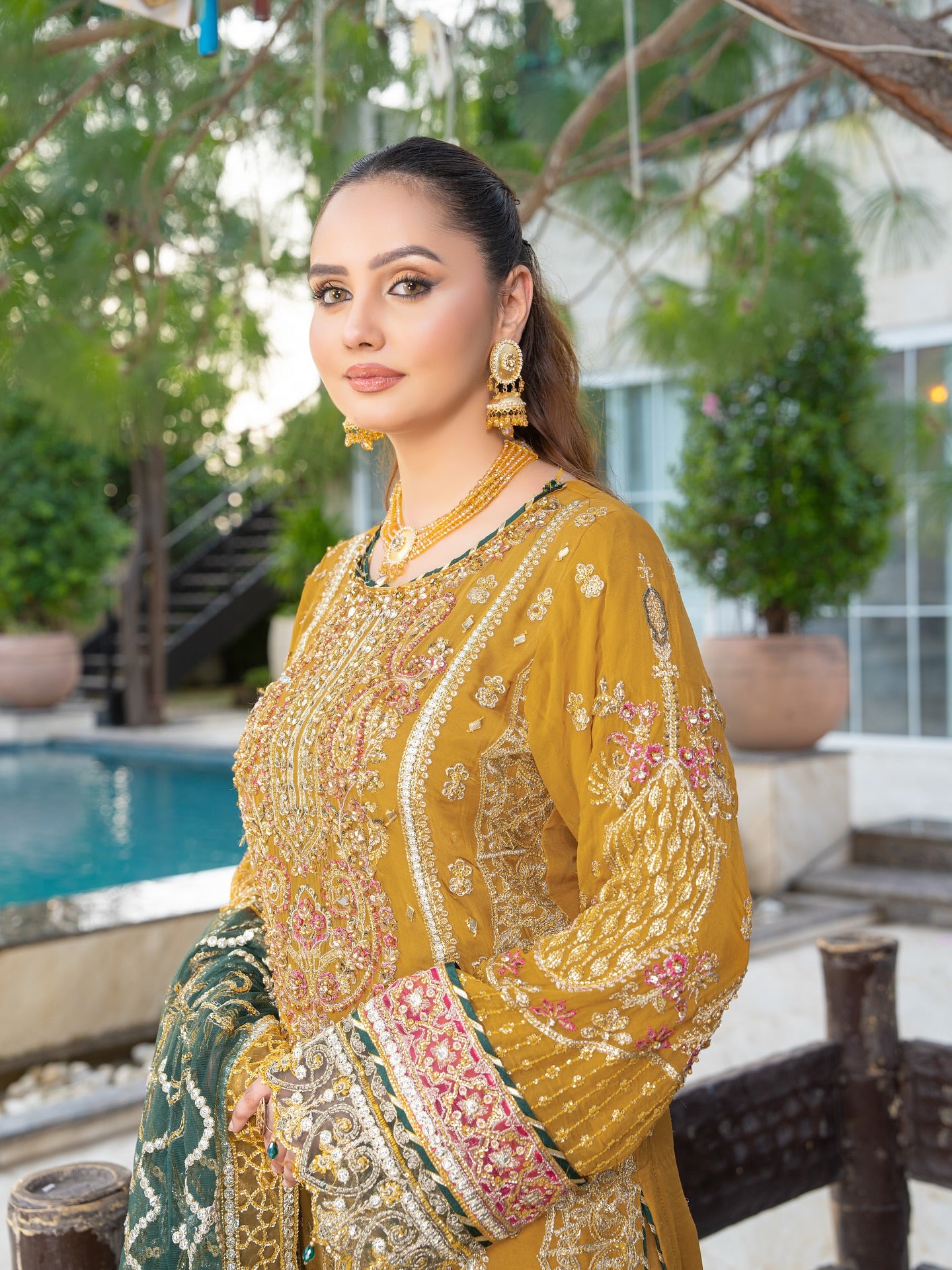 3PCs Mustard Yellow Chiffon Dress with Organza Dupatta and Intricate Handwork