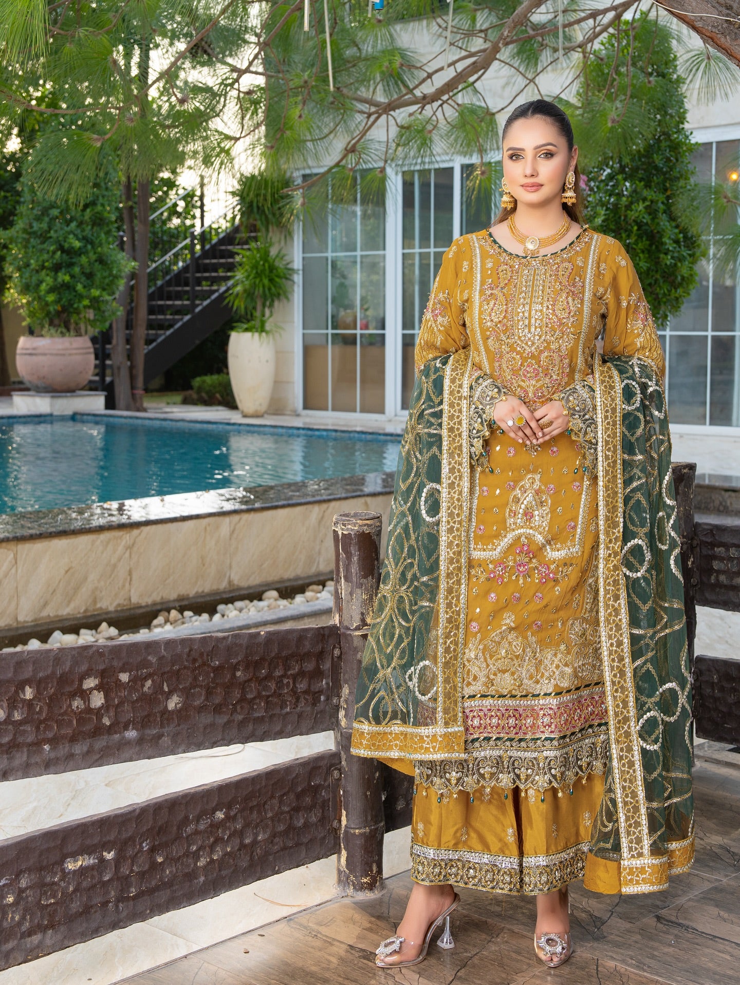 3PCs Mustard Yellow Chiffon Dress with Organza Dupatta and Intricate Handwork