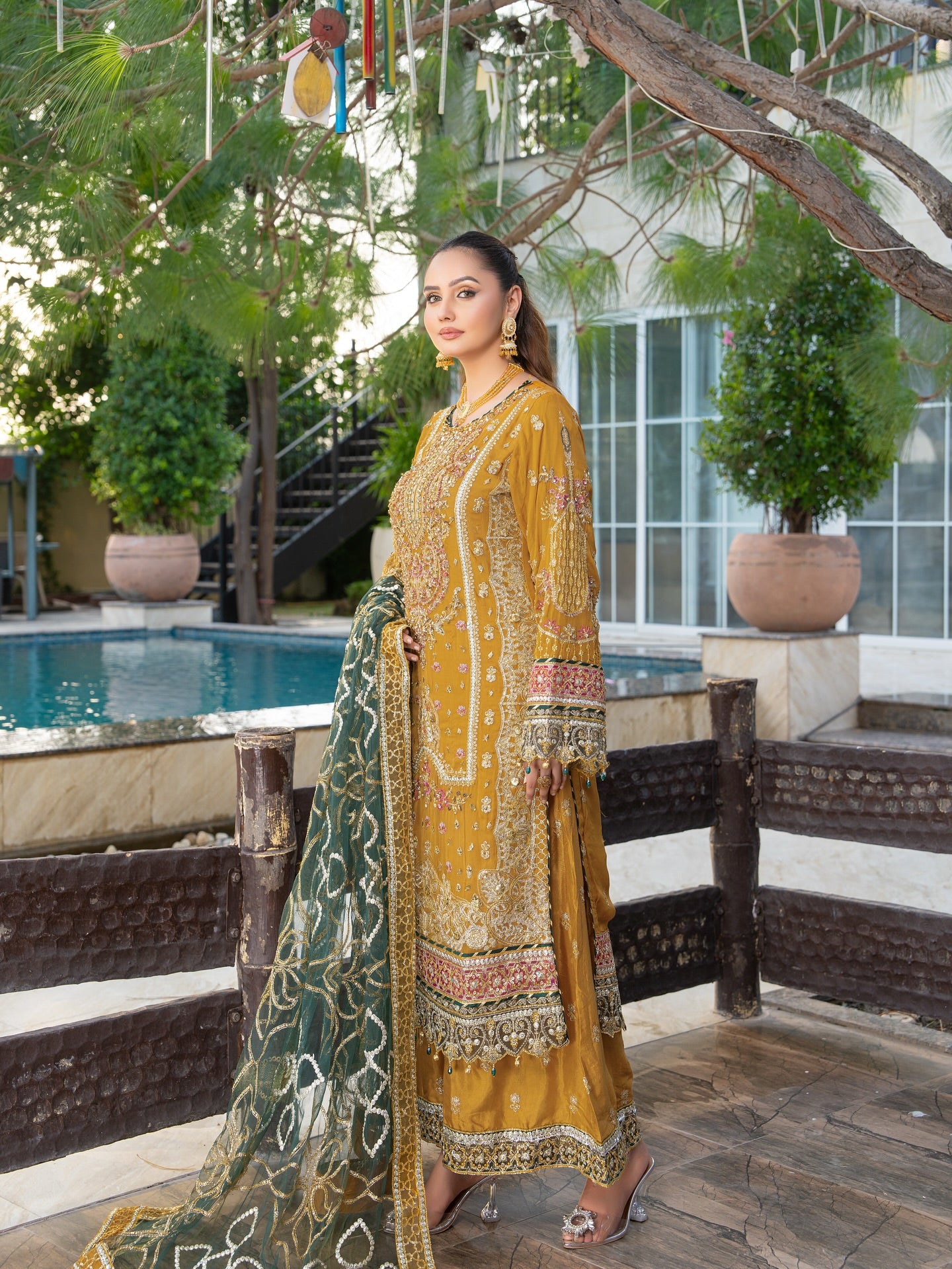 3PCs Mustard Yellow Chiffon Dress with Organza Dupatta and Intricate Handwork
