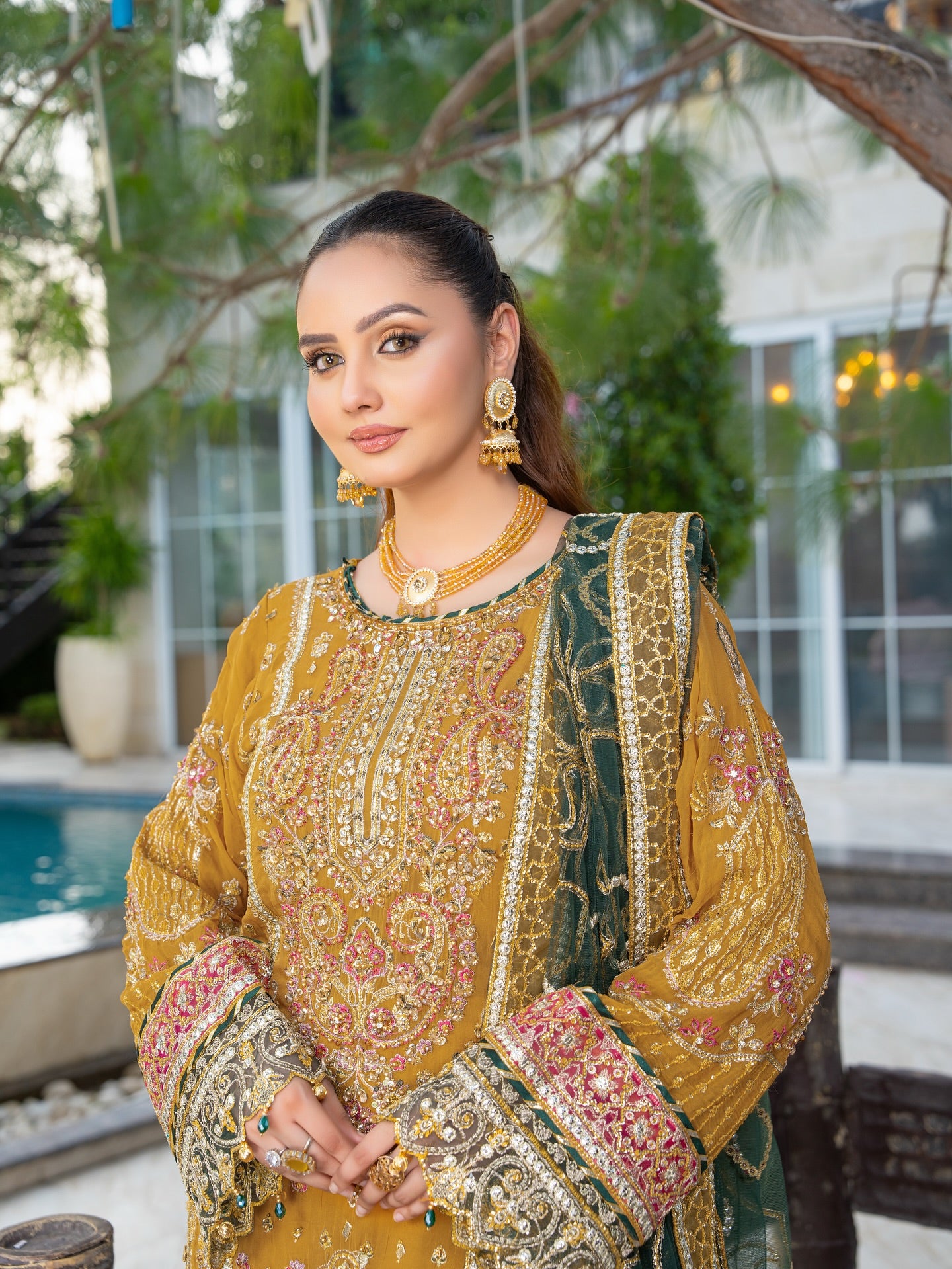 3PCs Mustard Yellow Chiffon Dress with Organza Dupatta and Intricate Handwork