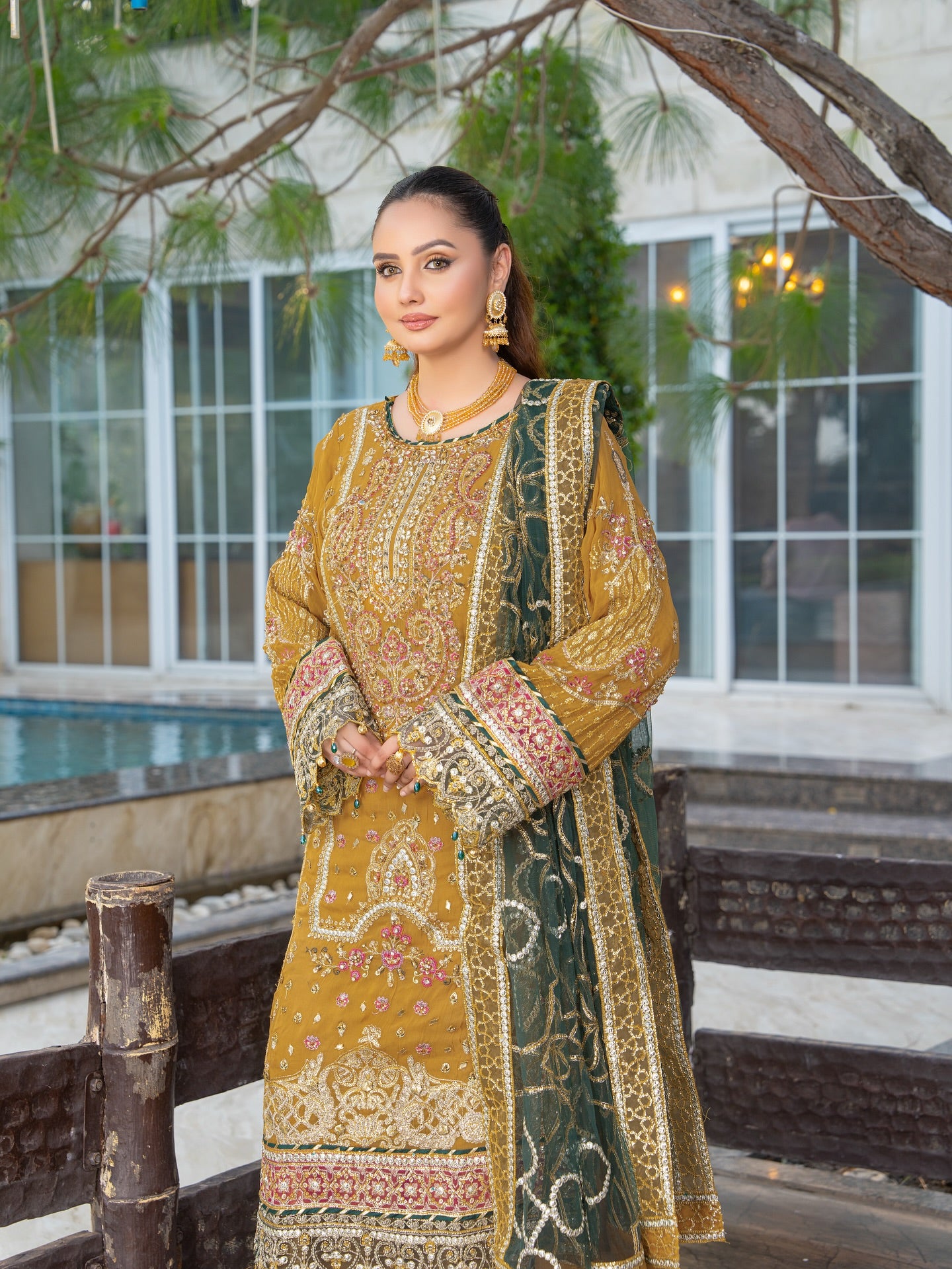 3PCs Mustard Yellow Chiffon Dress with Organza Dupatta and Intricate Handwork