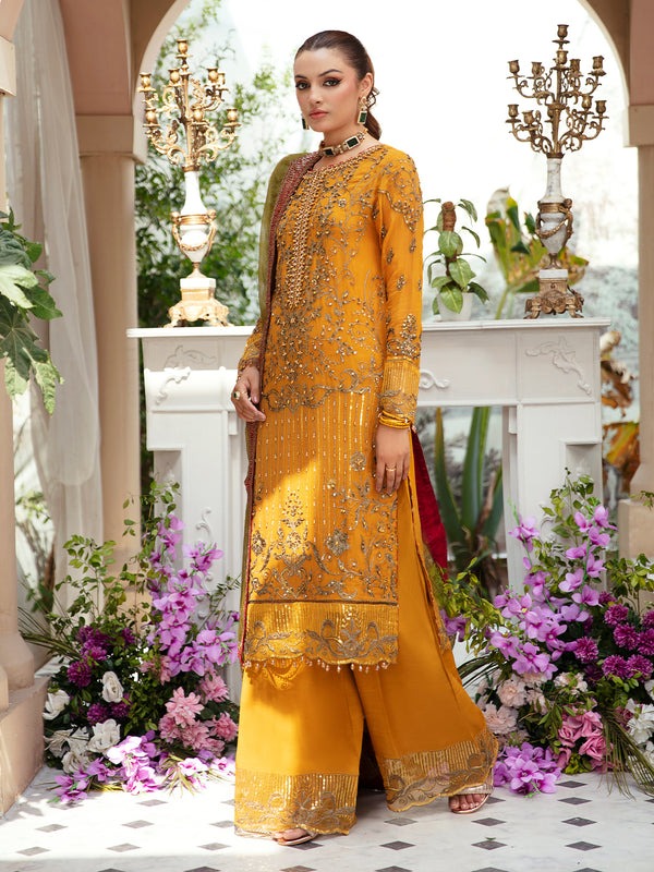 Mustard Embroidered Chiffon Suit