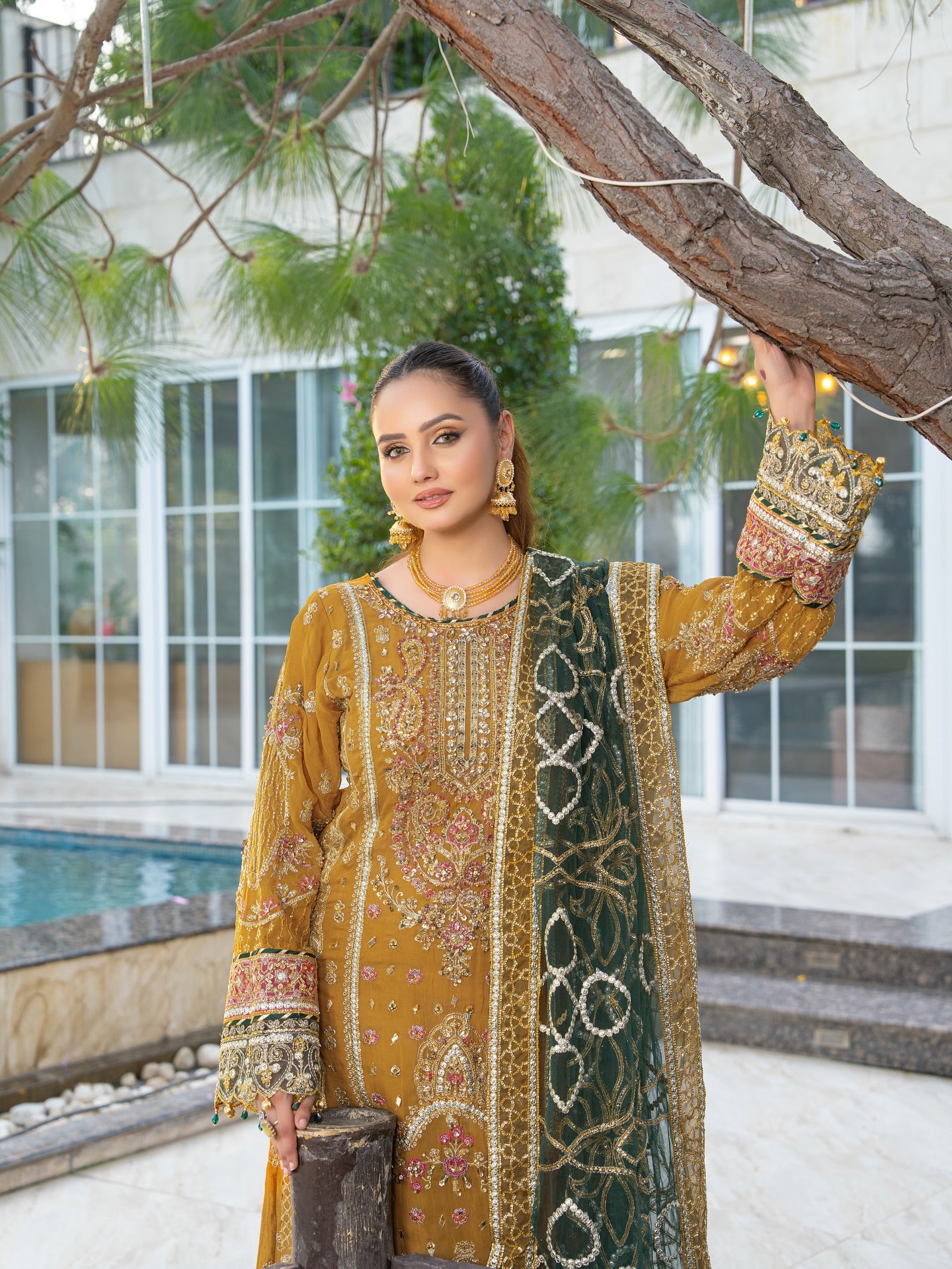 3PCs Mustard Yellow Chiffon Dress with Organza Dupatta and Intricate Handwork