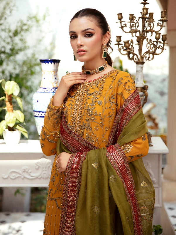 Mustard Embroidered Chiffon Suit