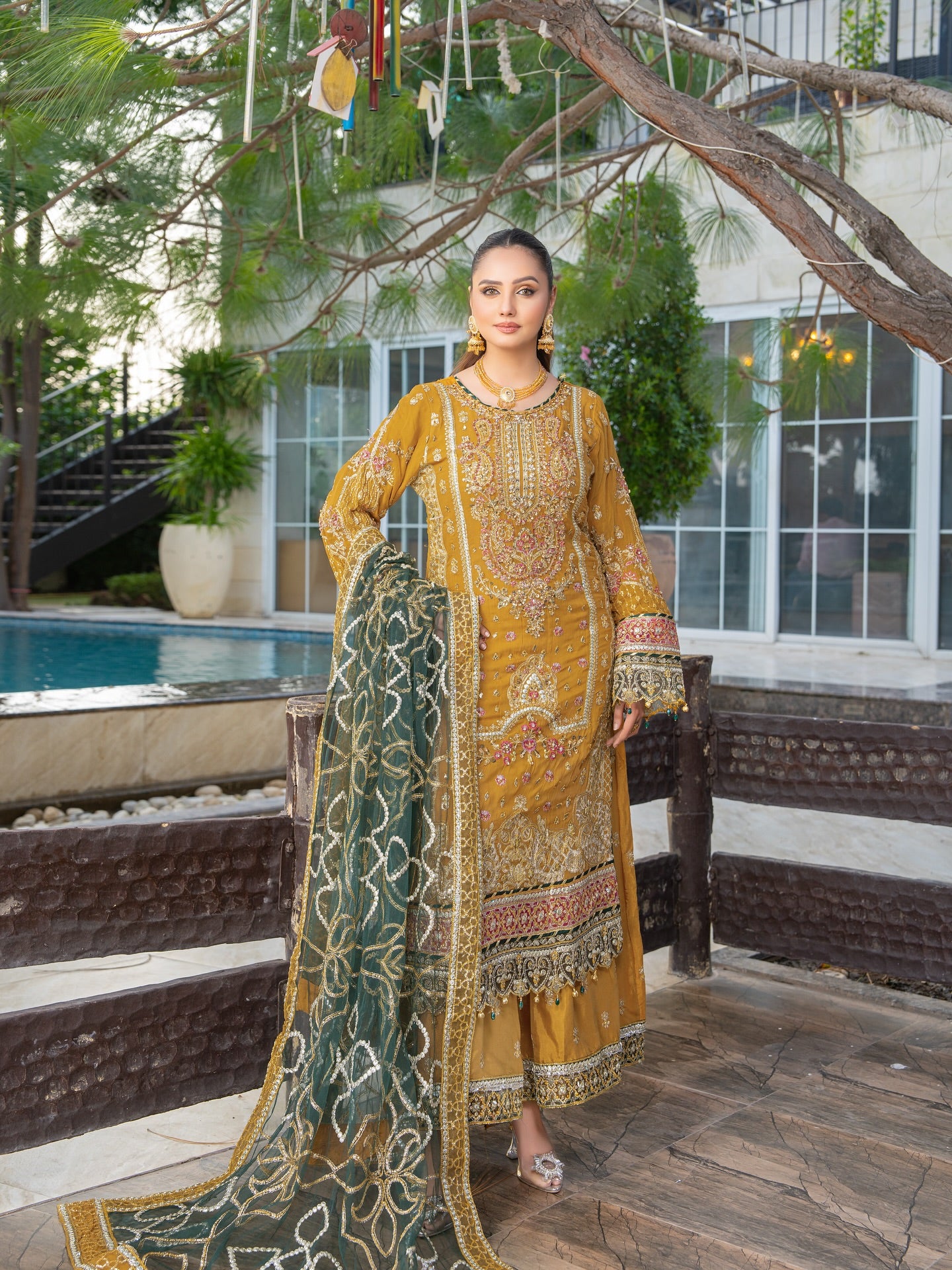 3PCs Mustard Yellow Chiffon Dress with Organza Dupatta and Intricate Handwork
