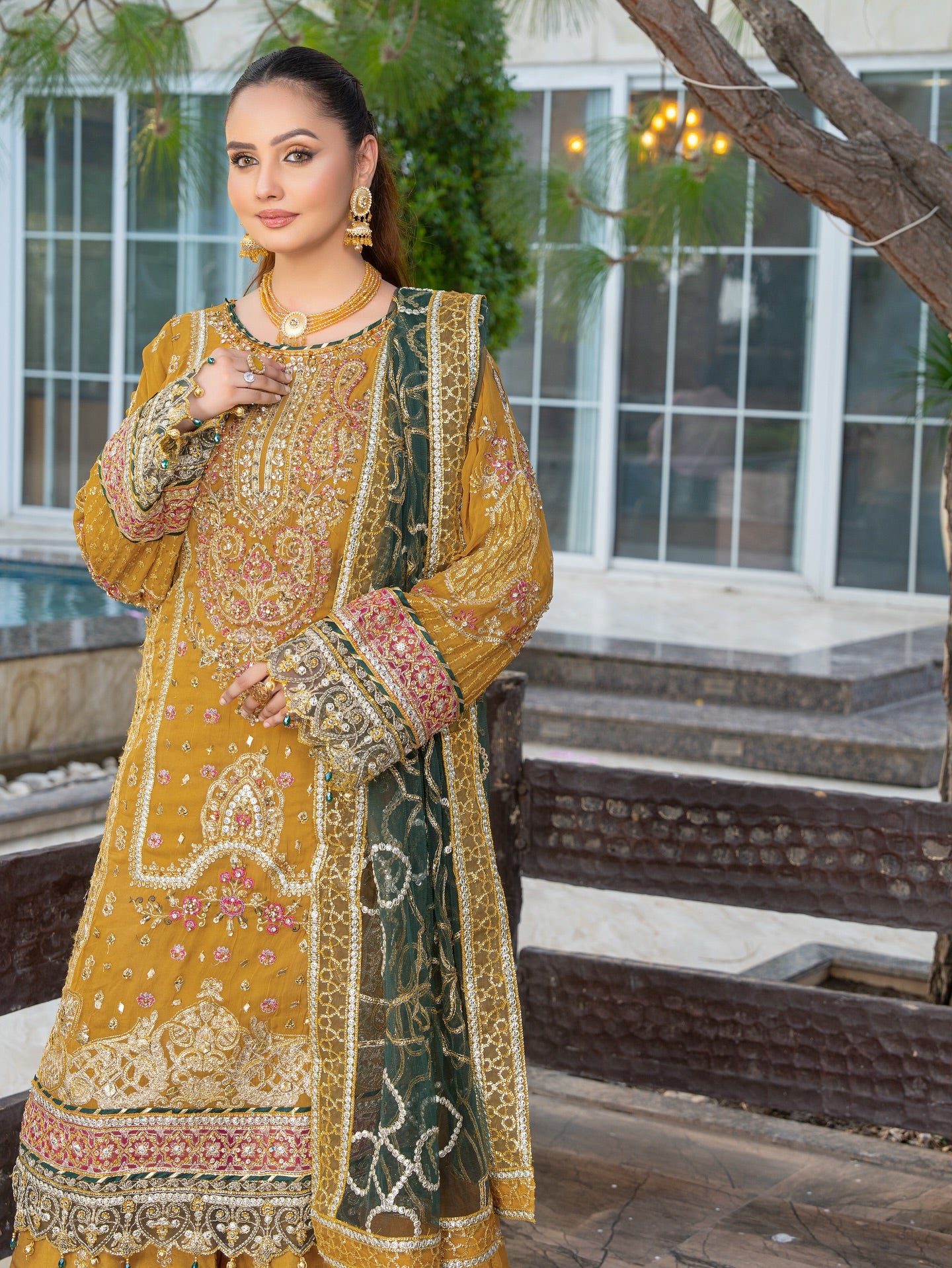 3PCs Mustard Yellow Chiffon Dress with Organza Dupatta and Intricate Handwork