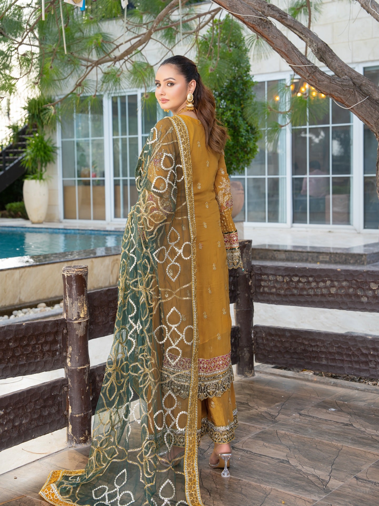 3PCs Mustard Yellow Chiffon Dress with Organza Dupatta and Intricate Handwork