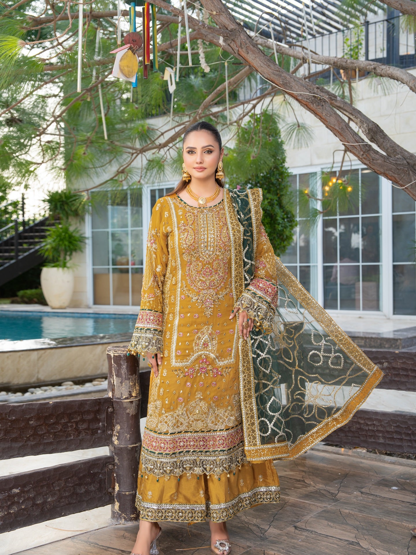 3PCs Mustard Yellow Chiffon Dress with Organza Dupatta and Intricate Handwork