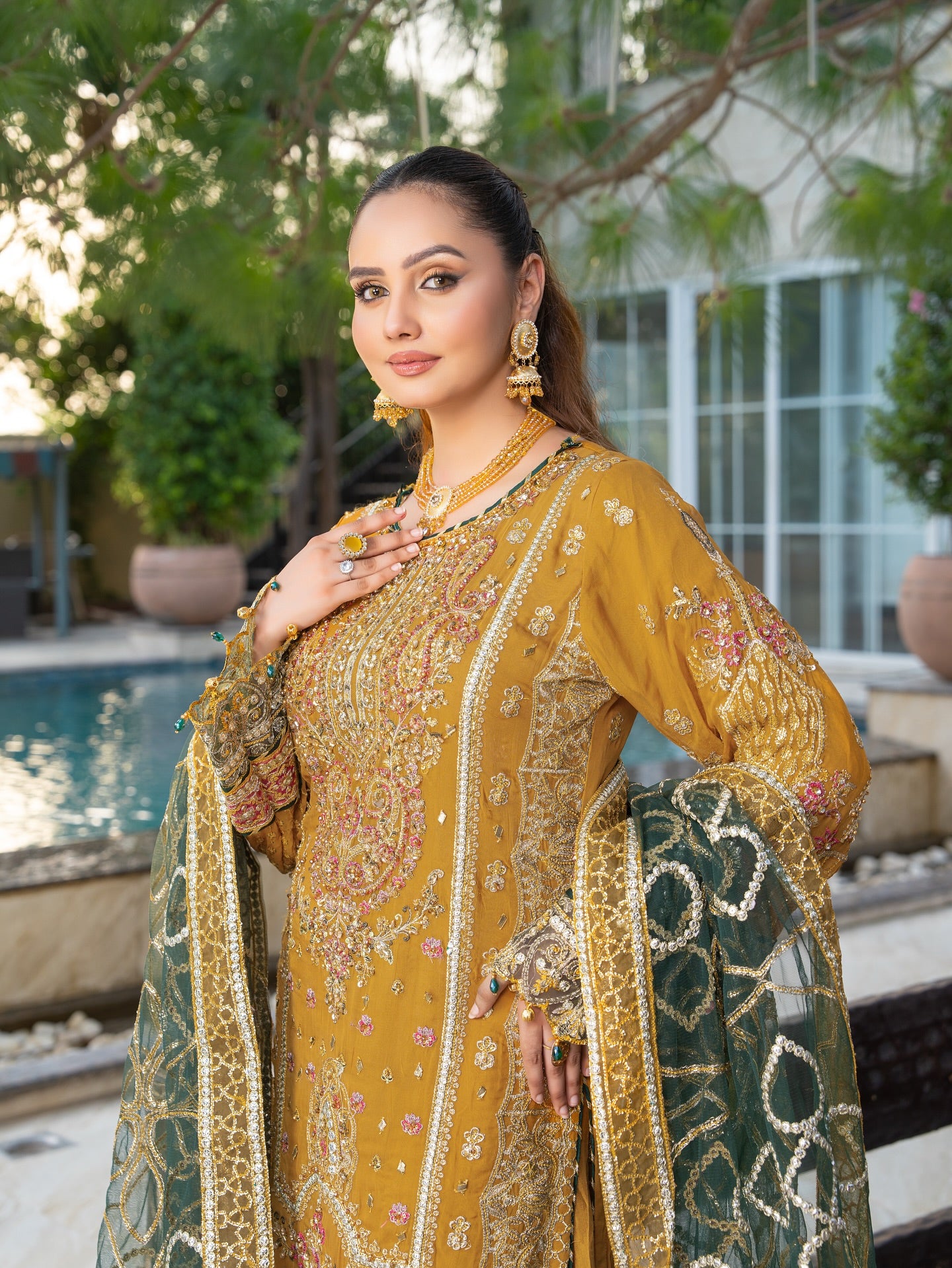 3PCs Mustard Yellow Chiffon Dress with Organza Dupatta and Intricate Handwork